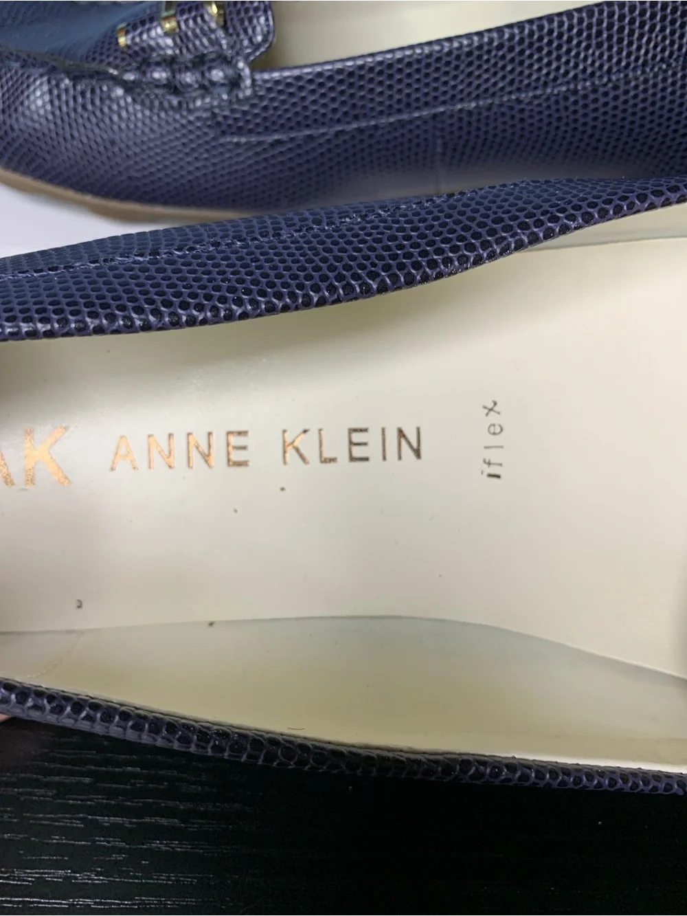 Anne Klein Navy Textured Leather Loafers with Gold Accent